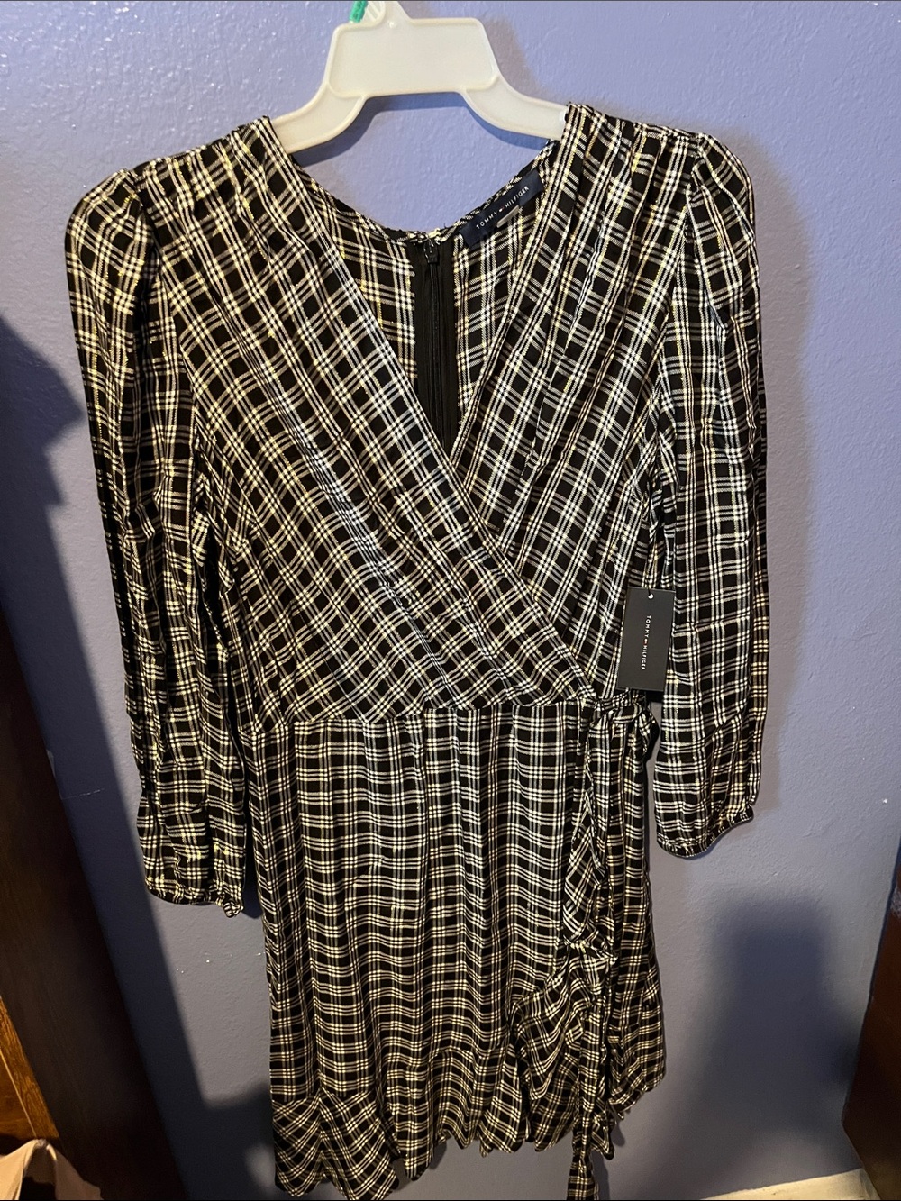 Tommy Hilfiger Black & White Plaid Long-Sleeve Wrap Dress